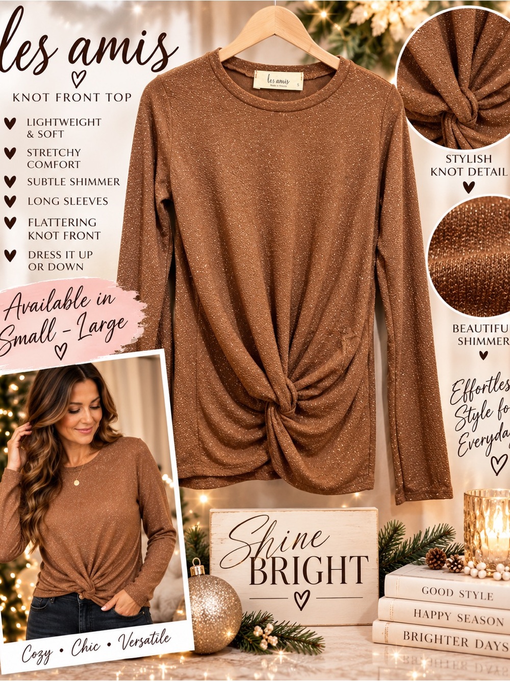 Les Amis Brown Shimmer Knot-Front Long Sleeve Top